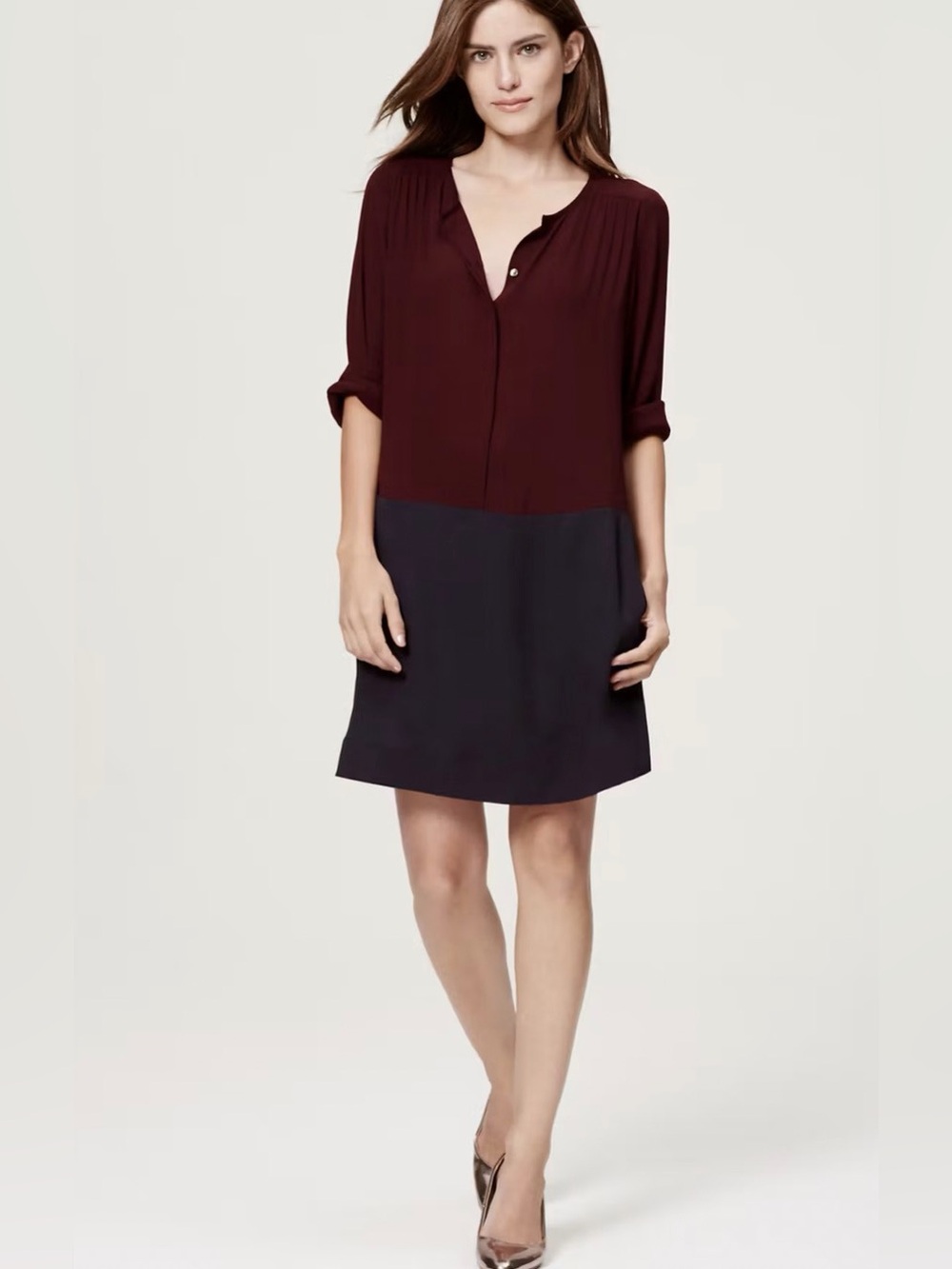 LOFT Colorblock shirt dress in burgundy and navy - size small